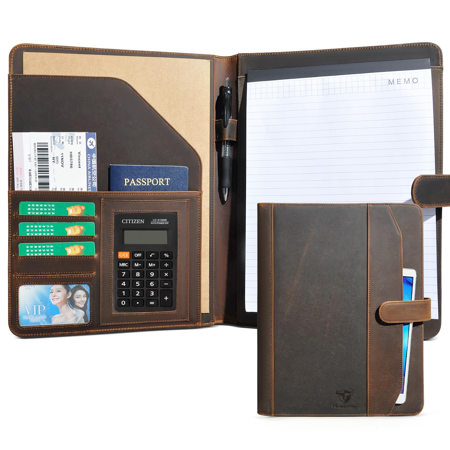 Handadsume Crazy Horse Leather Padfolio, Legal Pad Organizer for Business Office, Resume Portfolio Notebook Binder for A4/Pad,901 (901 Brown)