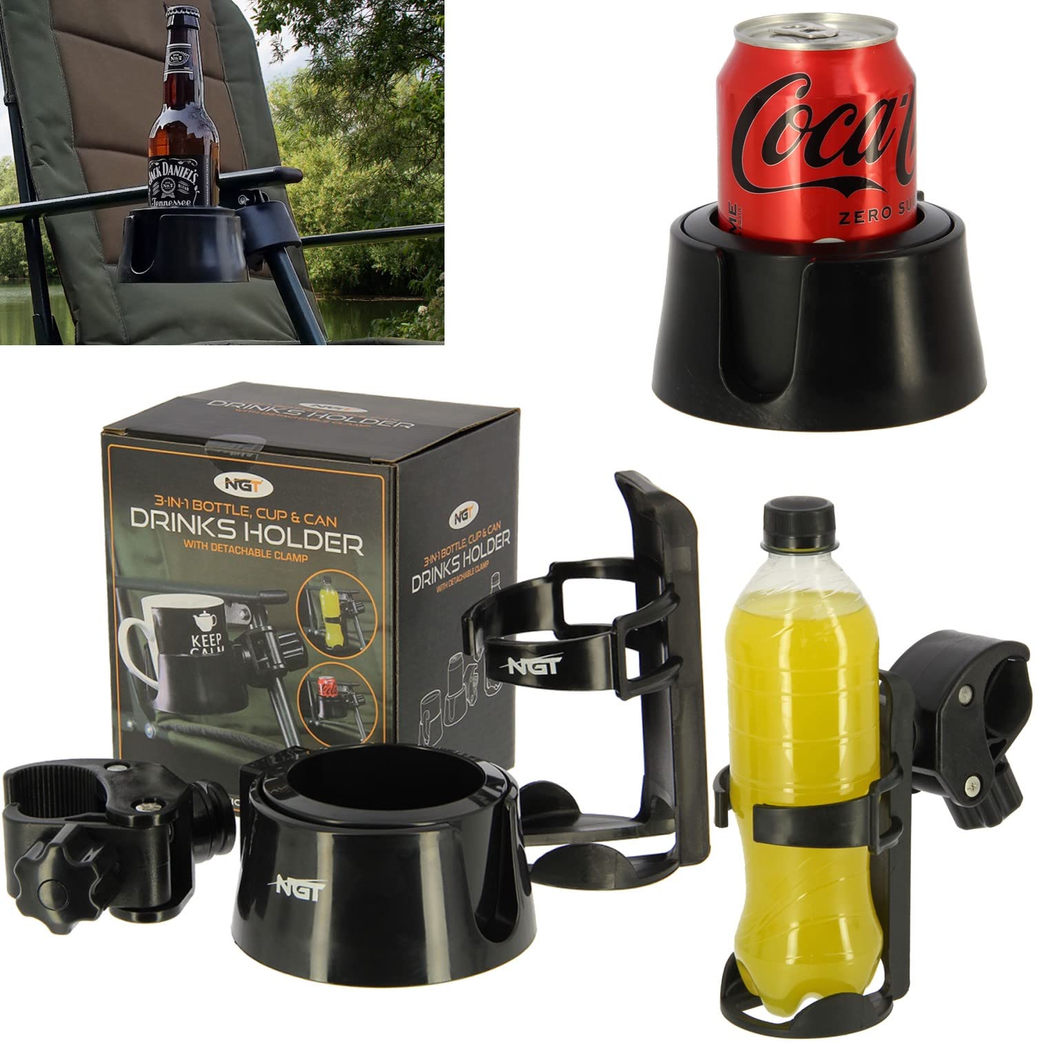 Lidsters Fishing Supplies NGT FISHING 3 IN 1 DRINKS CUP MUG HOLDER FOR FISHING CHAIRS CAMPING BEDCHAIRS BOTTLES CARP COARSE FISHING TACKLE Black One Size