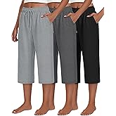 Neer 3 Pack Women's Capri Pants, Drawstring Wide Leg Crop Lounge Sweatpants Summer Yoga Casual Cropped Pants with Pocket