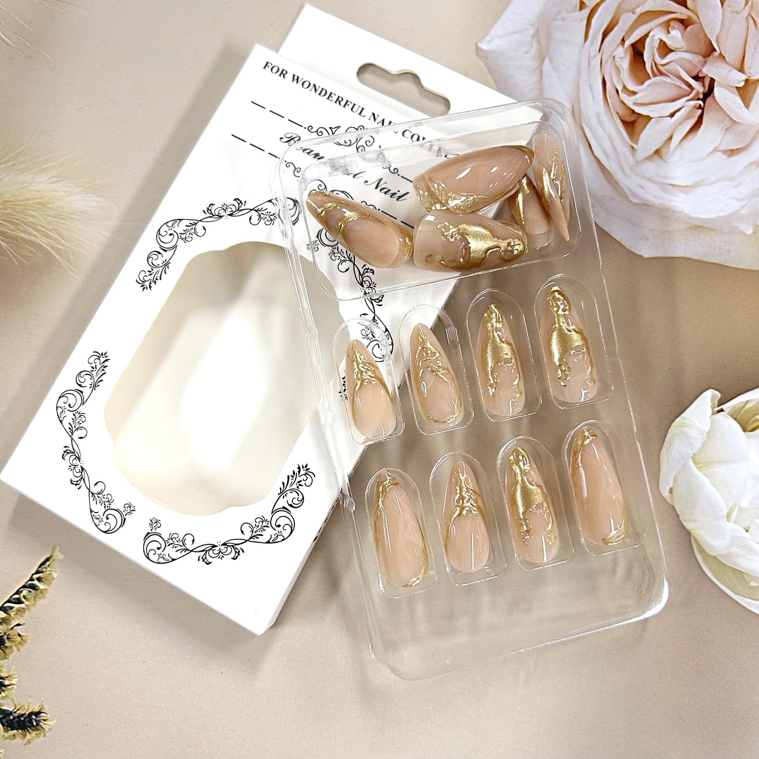 TBRZTR French Tip Press on Nails Almond 3D Gold Lines Design False Nails Full Cover Coffin Nails Artificial Stick on Nails Short Acrylic Nails Reusable Glue on Nails for Women DIY Manicure Kit 24Pcs - Image 4