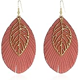 Vavhoo Large Genuine Soft Leather Handmade Fringe Feather Tassel Lightweight Tear Drop Dangle Color Earrings for Women With Gold Leaf