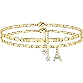 Ursteel Ankle Bracelets for Women, 14K-Gold-Plated Dainty Layered Chain CZ Initial Anklets Set Summer Jewelry Gifts for Women