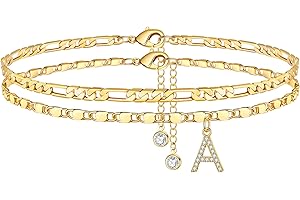 Ursteel Ankle Bracelets for Women, 14K-Gold-Plated Dainty Layered Chain CZ Initial Anklets Set Summer Jewelry Gifts for Women