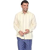 Mojito Men's 100% Linen Guayabera Chacabana Shirt Long Sleeve - Floral Contrast Trim & Blue Embroidery