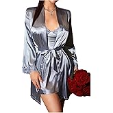 WDIRARA Women's Sexy Lace Cami Sleepwear Slip Satin Nightgown with Robes Set 2 Piece Spaghetti Strap Nightwear