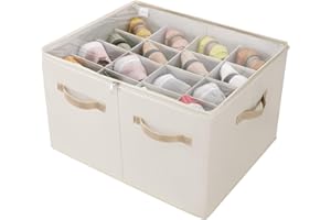 TOPIA HOME Shoe Organizer for Closet, Foldable Shoe Box with Adjustable Dividers and Clear Cover, Space Saving Shoe Storage Organizer Cabinet with Reinforced Handles, Fits 16 Pairs, Beige TP09Y