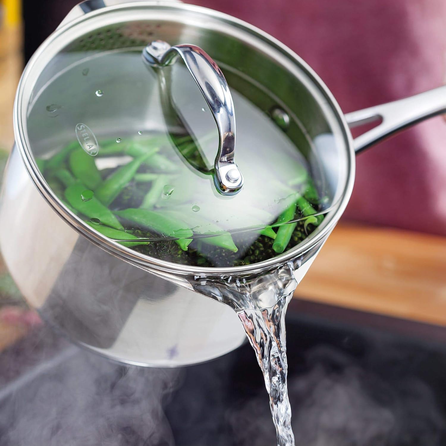 Stellar Profile Set of 3 Stainless Steel Draining Pans 16cm, 18cm x 20cm Saucepans with Large Lip and Strainer Lids, Induction Ready - Image 3