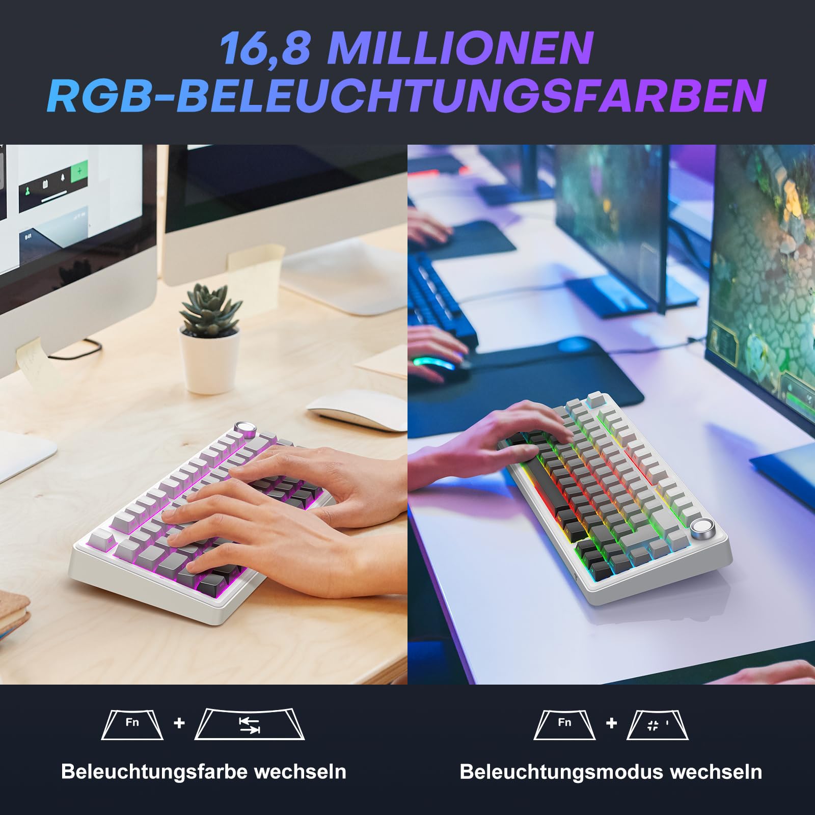 TECURS 75% Gaming Tastatur Kabellos, DREI-Modus 2.4GHz/BT5.0/Type-C RGB Rote Schalter Mechanische Tastatur, Hot Swap, Seitliche Gravur PBT-Tastenkappen mit Drehknopf, QWERTZ (Gradient Grau) 7