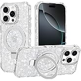 Casehas Magnetic for iPhone 16 Pro Case with Invisible Stand, Compatible with MagSafe, Clear Bling Sparkle Shockproof Slim Anti-Slip Military Drop Protection Hard Phone Case 6.1" Glitter Silver