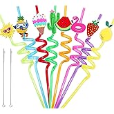 Summer Reusable Drinking Straws 24 Packs Pool Party Decorations Beach Fruit Party Favors Hawaiian Tropical Straws Goodie Bag Gifts for Birthday Party Supplies with 2 Cleaning Brushes