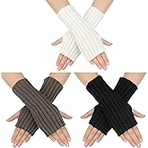Bencailor 3 Pairs Fingerless Gloves for Women Warm Thumbhole Arm Warmers Knit Winter Fingerless Mittens for Lady Open Finger (Black, White, Grey)