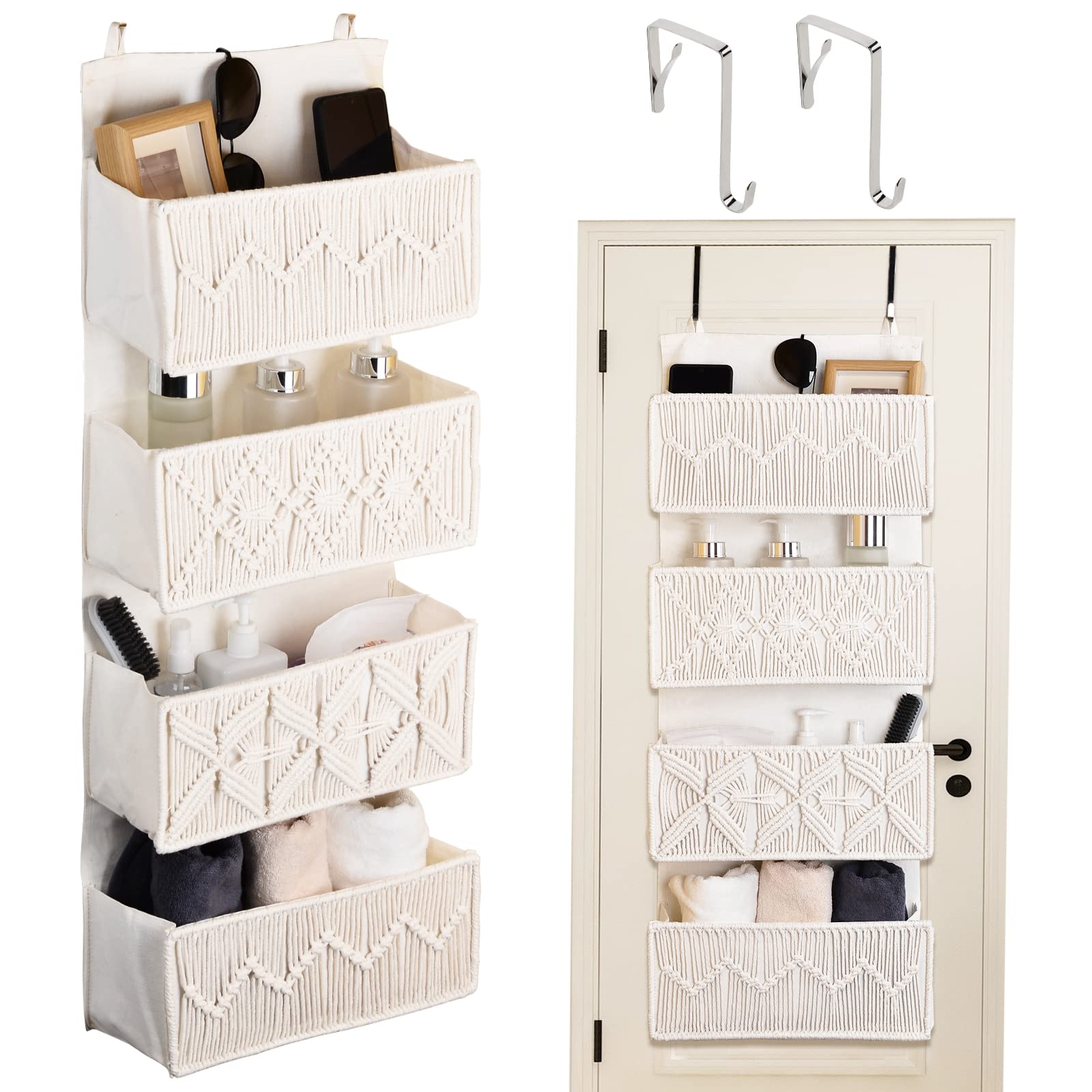 Autumnlife 4-Tier Over Door Hanging Organiser– Ivory Boho Macrame Hanging Storage Wall Storage for Nursery, Bathroom, Bedroom or Pantry, Ivory Boho Decor