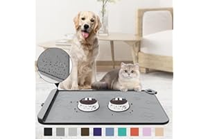 ZIRWTI Pet Feeding Mat, Dog Food Mat, Silicone Pet Feeding Mats with Residue Collection Pocket, Waterproof Dog Cat Bowl Mats for Food and Water with Edge and Hook, Tray for Dog Bowls (Dark Gray, 18''x12'')