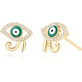 PEARLADA 18k Gold Plated Evil Eye Stud Earrings Dainty Micro-inlaid Cubic Zirconia Earring for Women Blue Synthetic Gemstone Christmas Gift