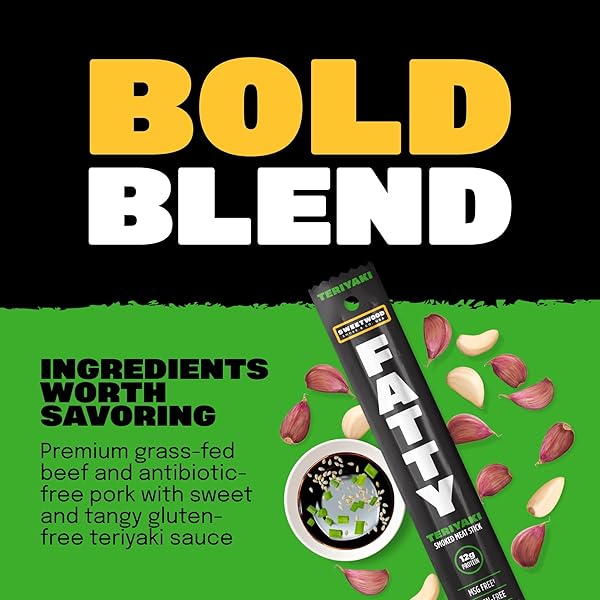 FATTY MEAT STICKS, MADE WITH GRASS FED BEEF, PORK RAISED WITHOUT ANTIBIOTICS, 12G PROTEIN PER STICK, TERIYAKI, 2 OZ.