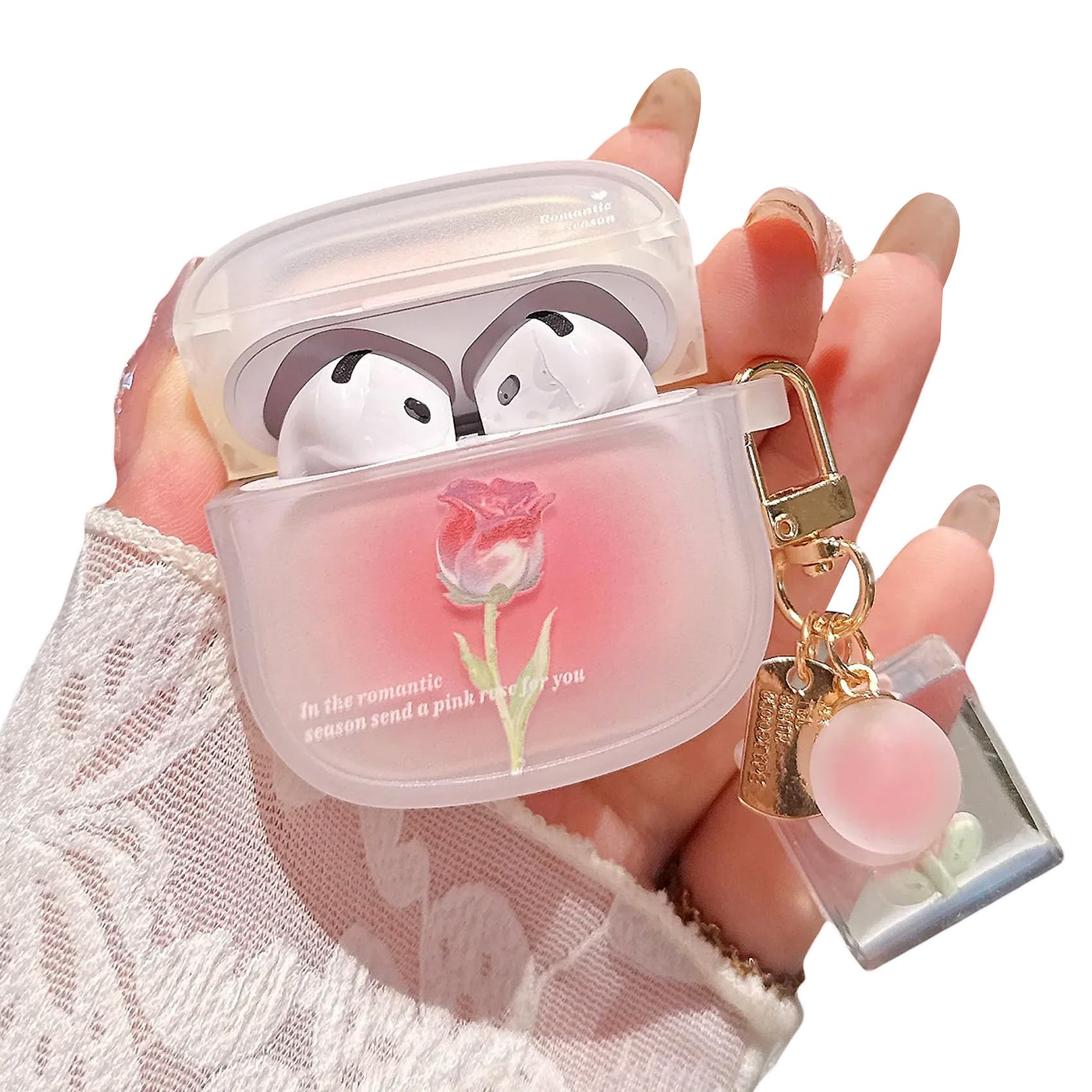 Photo 1 of PHOEACC for Airpod 4 Case Cute Romantic Rose Flower with Keychain Clear Frosted Protective Cover Compatible with AirPods 4th Generation Case for Girls Women (Rose Pink)