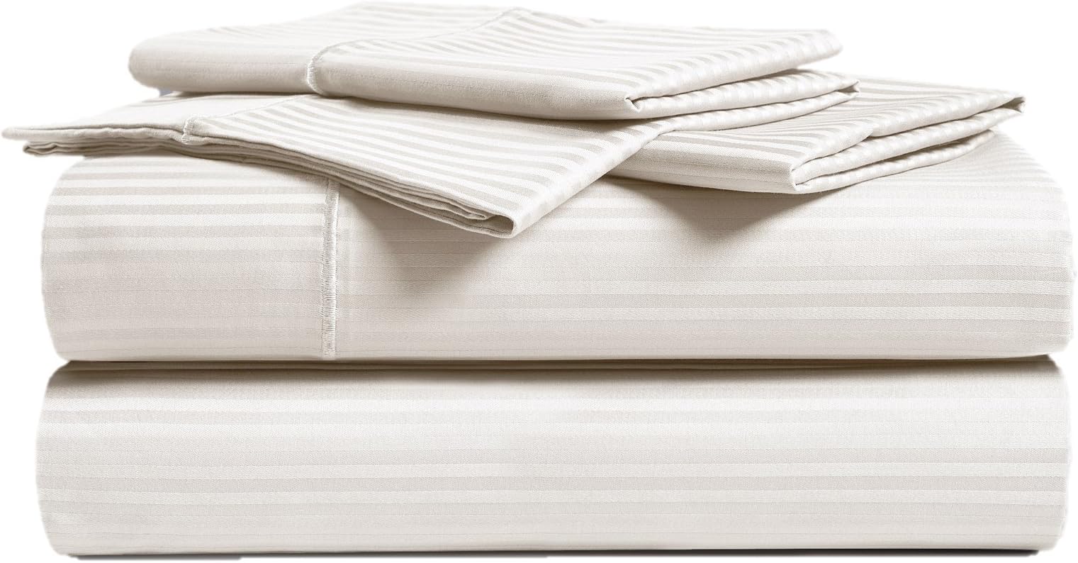 CHATEAU HOME COLLECTION 100% Combed Cotton 4-Piece Sheet Set 500 Thread Cotton 16 inch Deep Pockets (fits Upto 18" mattresses) Executive Stripe Hotel Luxury Soft Comfort Bed Bedding (King, Ivory)