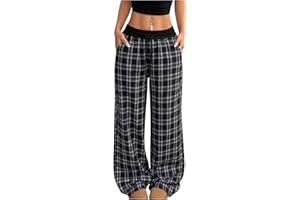 SOLY HUX Women's Plaid Checkered Pants Flannel Pajama Pants Lounge Wide Leg Baggy Sweatpants with Pockets