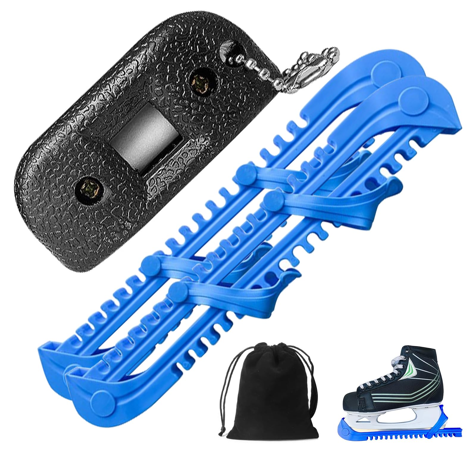 Newsmy 4 Pack Ice Skate Guards, 1 Pair Ice Skate Blade Covers, Ice Skate Sharpener with Velvet Bag, Ice Skating Accessories for Hockey and Figure Skating(Blue)