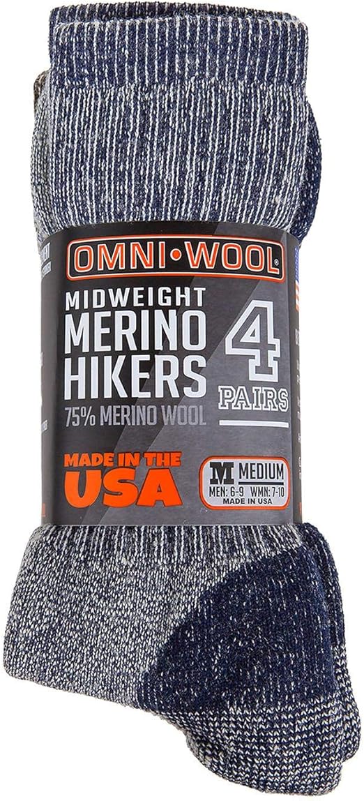 OmniWool Merino Wool Midweight Hiker Socks 4 Pack Multi Large