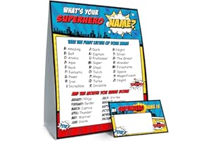 ALODR What is Your Superhero Name Game, Game Sign and 30 Cards, Superhero Birthday Party Sign for Boys, Holiday Activity, Kids Superhero Activity Cards, Superhero Activity Decoration Supplies