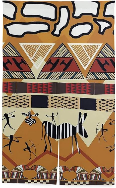 Amazon Patinisa 間仕切りカーテン 部族エスニックスタイル狩猟ゼブライラスト先史時代の部族の生活のテーマ おしゃれ 間仕切り遮光 飾り付け 装飾 玄関 キッチン リビング 店 出入り口 突っ張り棒付き 86 143cm のれん オンライン通販