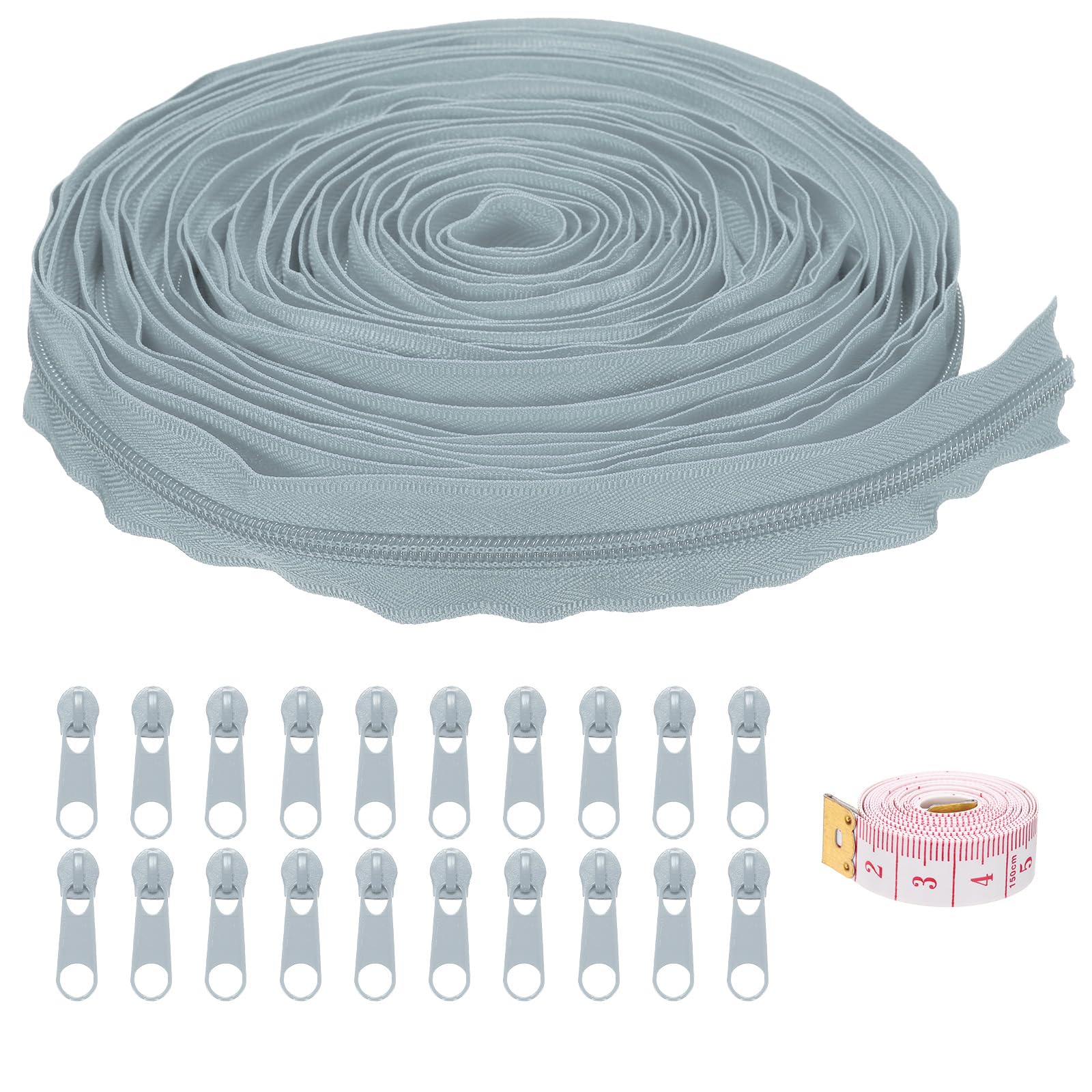 uxcell #5 10 Yards Nylon Coil Zippers, Bulk Coil Zipper by The Yards with 20 Pcs Zippers Sliders and Ruler for DIY Tailor Sewing Craft Bag Clothes, Light Grey
