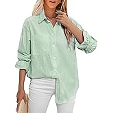 LEMAFER Women's Smocked Cuffed Stripe Boyfriend Button Down Shirts 2025 Collared Ruffle Sleeve Casual Top with Pockets
