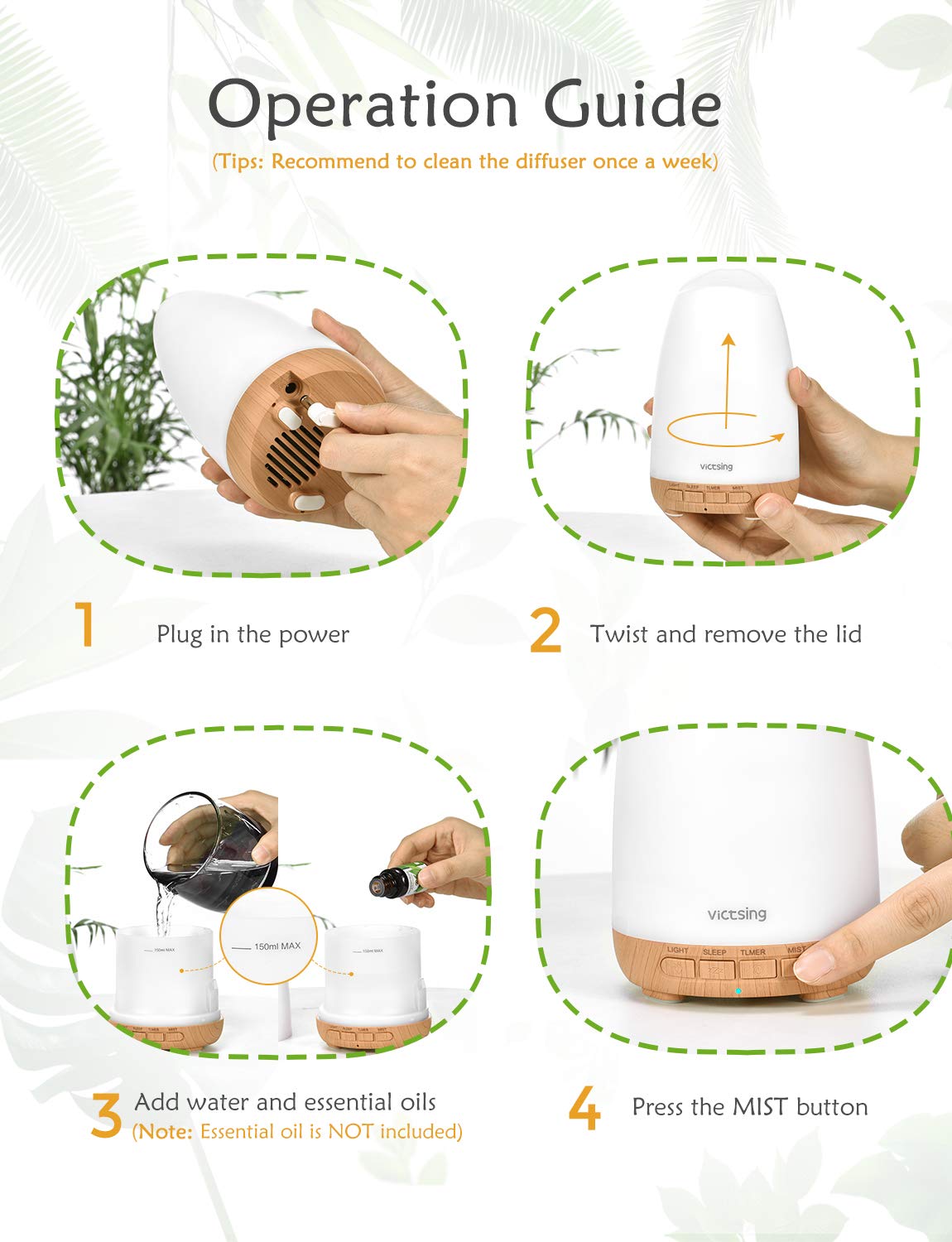 VicTsing 150ml Essential Oil Diffuser, 3rd Version Aromatherapy Diffusers with 8 Color Lights, Ultrasonic Cool Mist Humidifier with Sleep Mode Function, Waterless Auto-Off for Home Office-Wood Grain : Beauty
