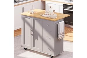 Shintenchi Rolling Kitchen Island Cart with Folding Drop Leaf Breakfast Bar, Portable Trolley Island with Large Storage Cabin