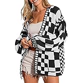 SELINK Women's Cardigan Sweater Vintage Open Front Mixed Checkered Pattern Chunky Knit Plaid Long Sleeve Daily Outwear