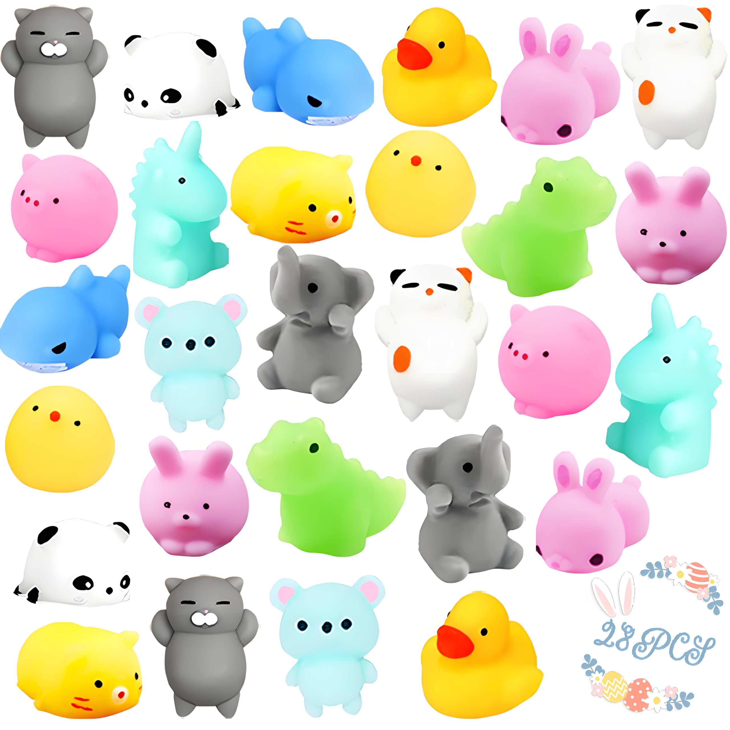 Photo 1 of 28 Pcs Mochi Squishies Toys, Mini Stress Relief Cute Squishy Animals Toys for Kids Party Favors Birthday Gift Easter Basket Stuffers Easter Egg Fillers