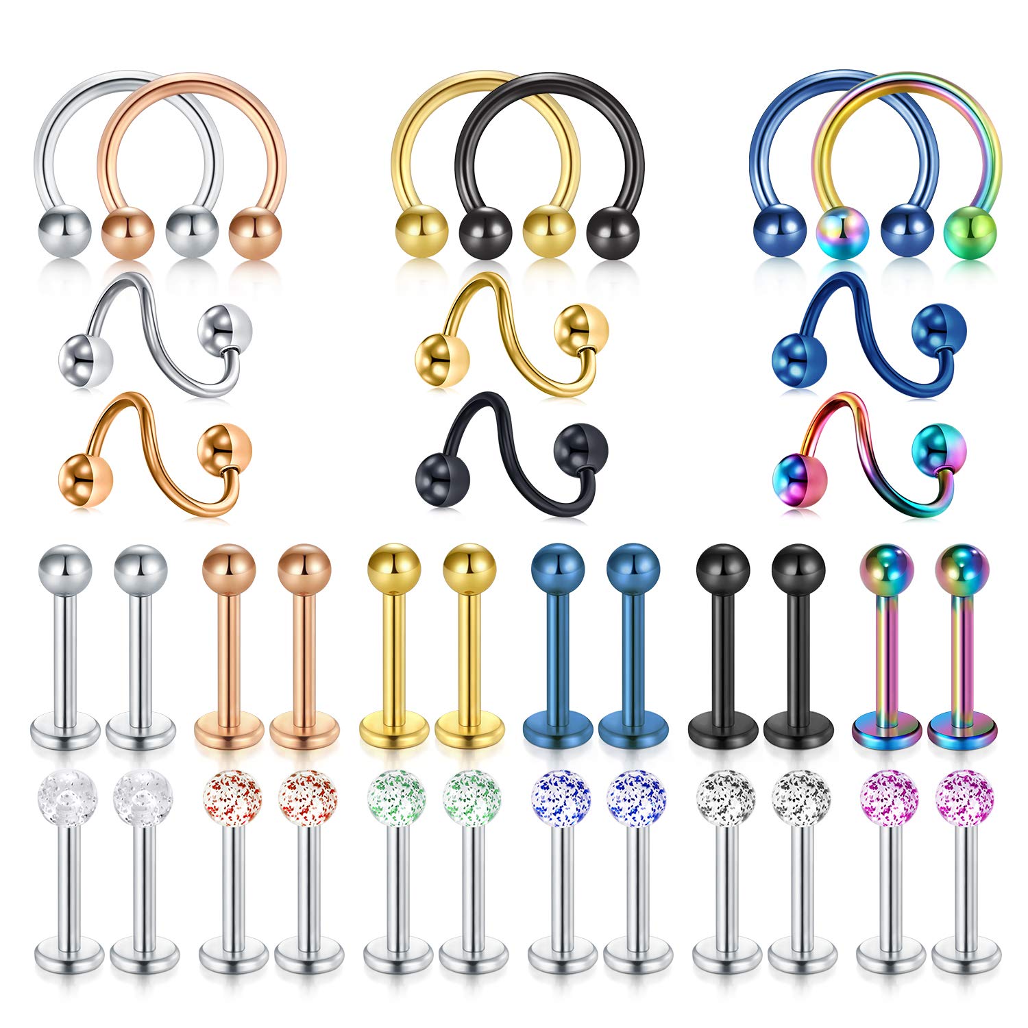 incaton16G Lip Rings Studs 316L Stainless Steel Clear Labret Cartilage Helix Tragus Earring Ring Stud Piercings Jewelry for Women Men Girls 8mm Bar Length