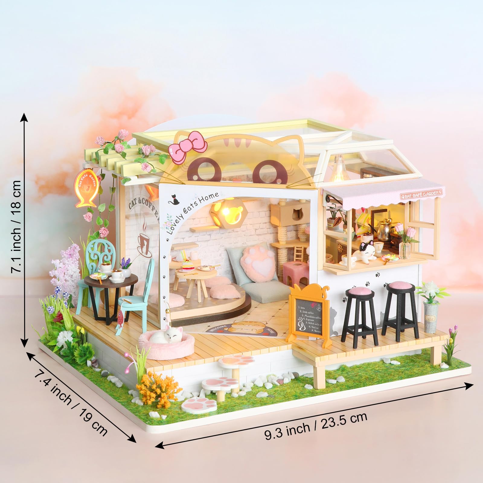 GuDoQi DIY Miniature Dollhouse Kit, Tiny House kit with Music, Miniature House Kit 1:24 Scale, Great Handmade Crafts Gift for Mother's Day Birthday Christmas Day,Lovely Cats' Coffee Shop