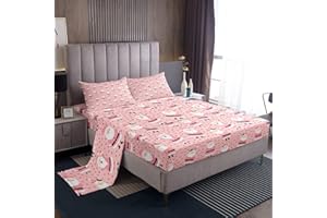 Feelyou Christmas Sheet Set for Kids Boys Girls Cute Santa Claus Sheets with Deep Pocket Fitted Sheet Cartoon Xmas Theme Bed Sheets Set Bedroom Decor Pink Dreamy Heart Bedding Set Full Size 4Pcs