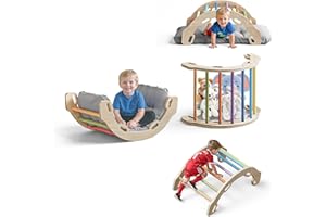 COSYLAND Kids Climbing Arch Rocker with Cushion - Solid Wood Toddler Climbing Toys Indoor with Handrails on Each Side - Scentless Indoor Playground Arch Climbing Ladder (Rainbow)
