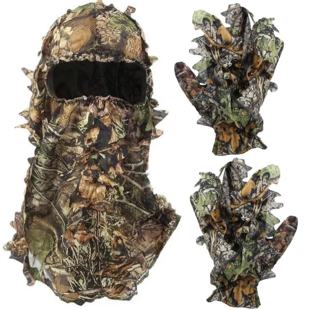 3D Camouflage Balaclava + Gloves Set Real Leaf Oak Tree Camo Ghillie Hood Mesh Face Mask Airsoft Hunting Wildlife Photography