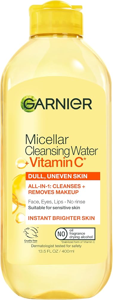 Garnier Micellar Water with Vitamin C, Facial Cleanser & Makeup Remover, Brightening & Hydrating, For All Skin Types, Vegan,