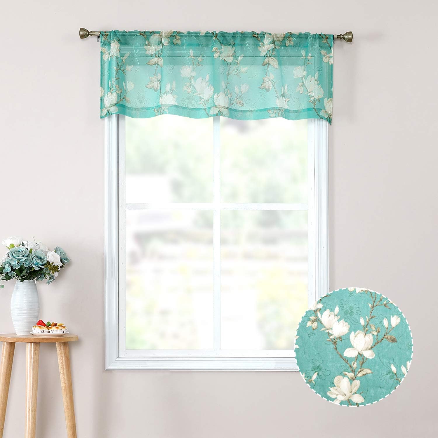 Tollpiz Floral Turquoise Sheer Valance Curtains Flower