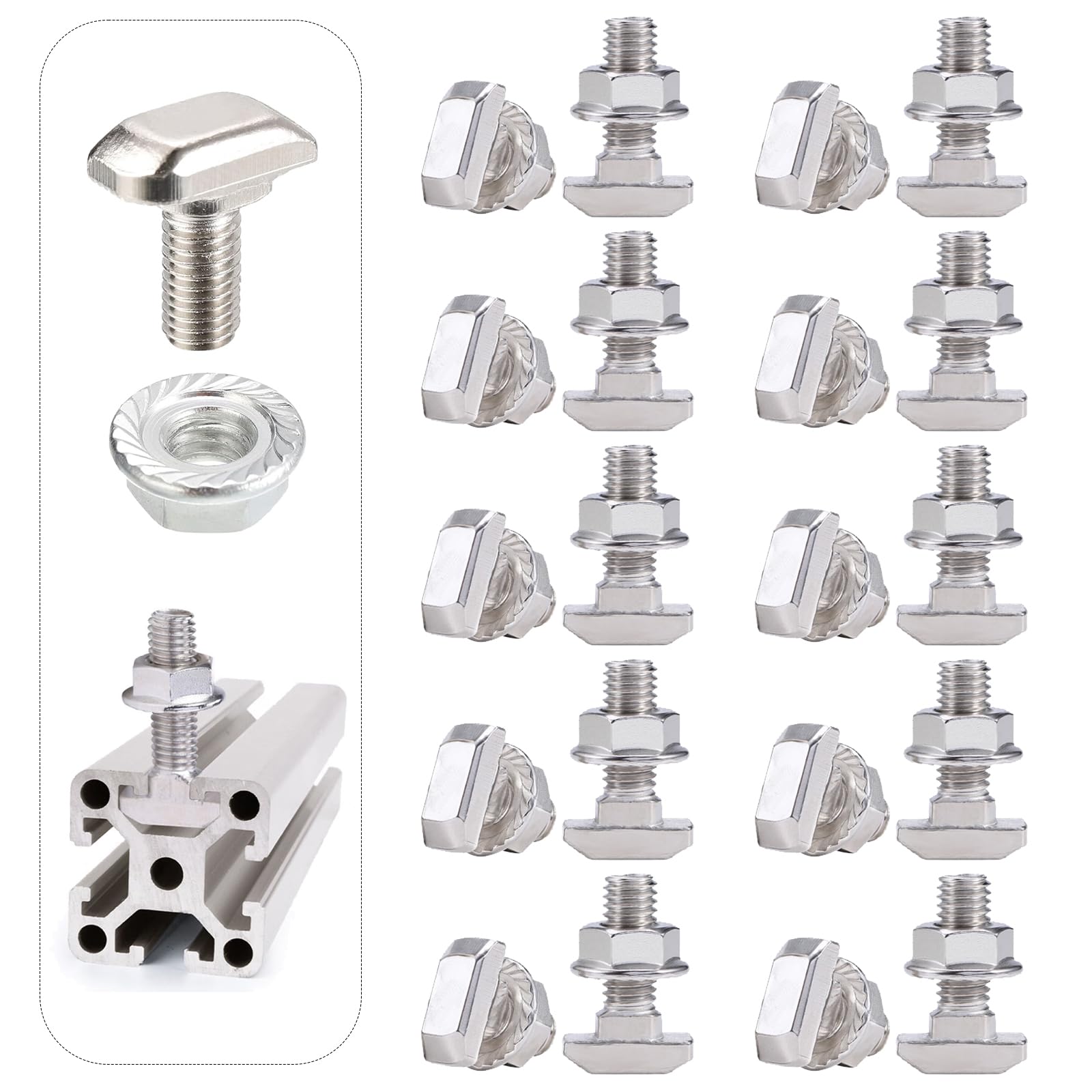 20 Sets T Bolt Kit, Hammer Head T-Bolt set, Contains T-shaped stud and M5 Flange Nut, Applies to 30 Series European Standard Aluminum Profile (30 Series M6)