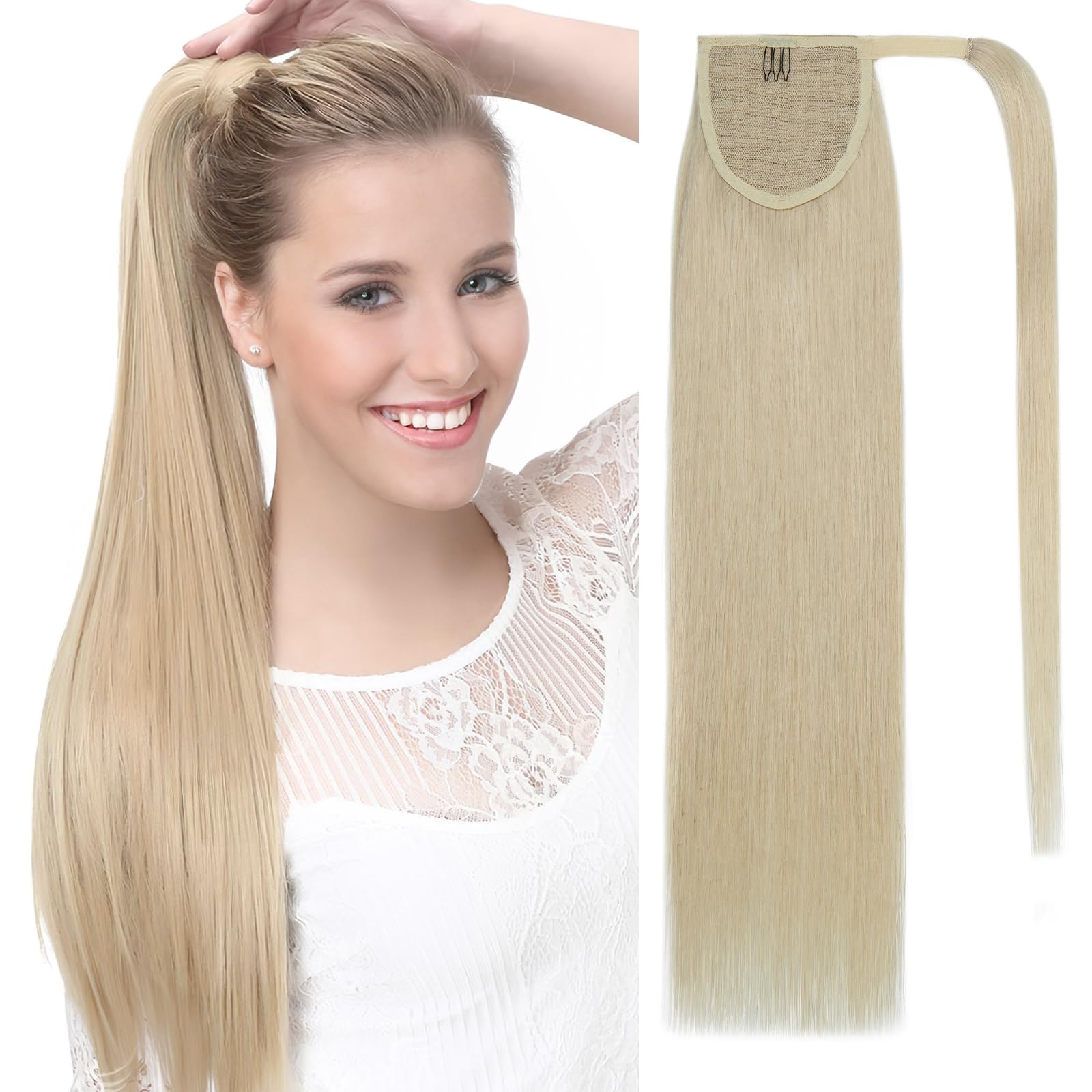 SEGOHAIR Wrap Around Ponytail Human Hair Clip in Ponytail Hair Extensions, 14 inch Long Straight One Piece Clip in Hairpieces Remy Real Human Hair-Platinum Blonde — image 1