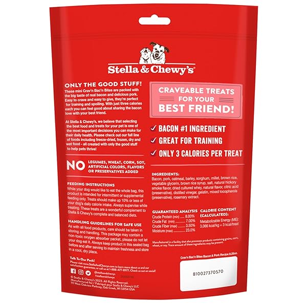 STELLA & CHEWY’S TRAINING DOG TREATS – CRAV’N BAC’N SOFT BACON & PORK BITES – PREMIUM USA MADE – LOW CALORIE REWARDS – 8.25OZ