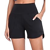 Oalka Women's High Waisted Shorts Yoga Workout Bermuda Long Hiking Shorts with Pockets