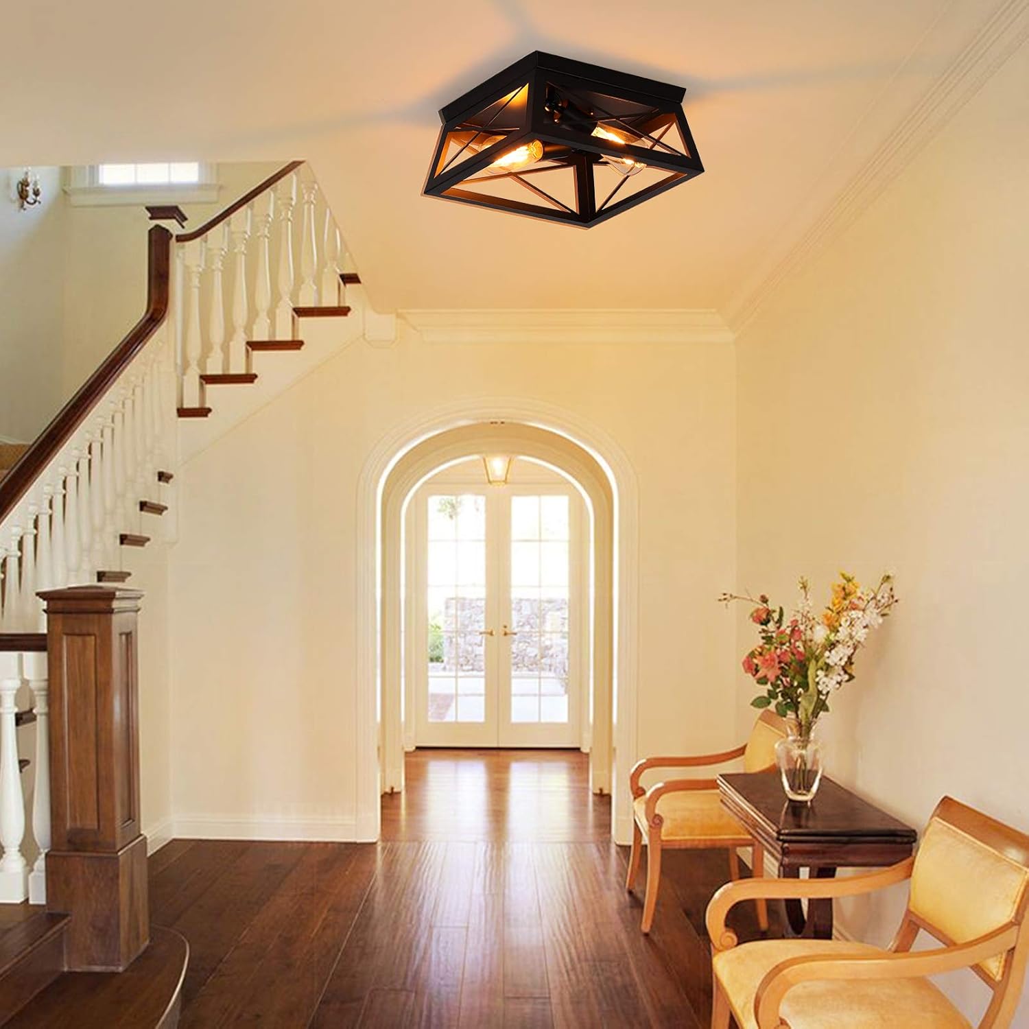 Industrial Farmhouse Ceiling Light Fixture Square Hallway Flush Mount Ceiling Lights for Kitchen Laundry Room 2-Lights, Black - - 