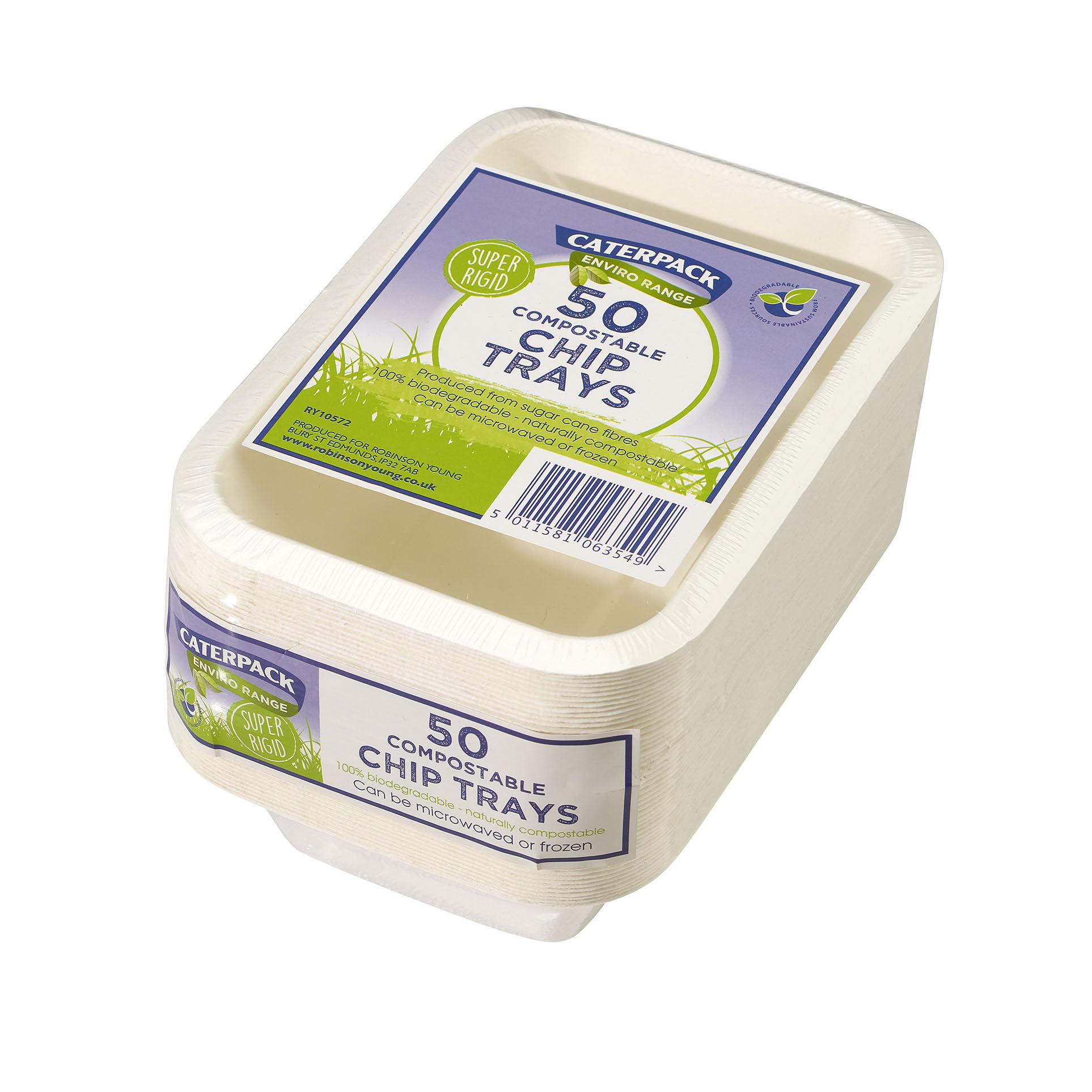 Caterpack Enviro Range Chip Trays 7 x 5 50 Pack. Disposable, Biodegradable chip Trays. Suitable for microwaving and Freezing, Water Repellent and greaseproof