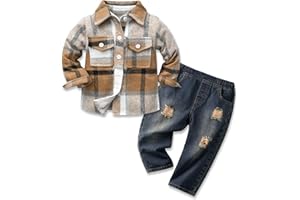 Volunboy Toddler Boy Fall Outfits Plaid Flannel Sweatshirt Denim Pants Winter Outfits
