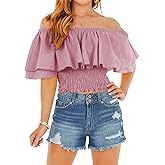 Hibluco Womens Off Shoulder Tops Ruffled Crop Top Smocked Waist Blouse Summer Tops