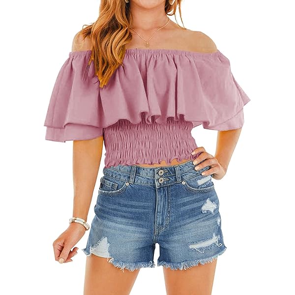 LYANER Women's Off Shoulder Short Sleeve Pleated Ruffle Trim Crop