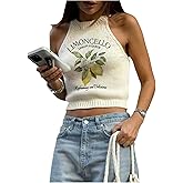 RoseSeek Women's Lemon Graphic Sleeveless Sweater Tank Top Knitted Slim Fit Crop Halter Tops