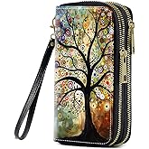 FQTBCEARI Life Tree Print Women Large Capacity Wallet PU Leather Double Zipper Clutch Purse for Smart Phone/Card/Coin/Cash